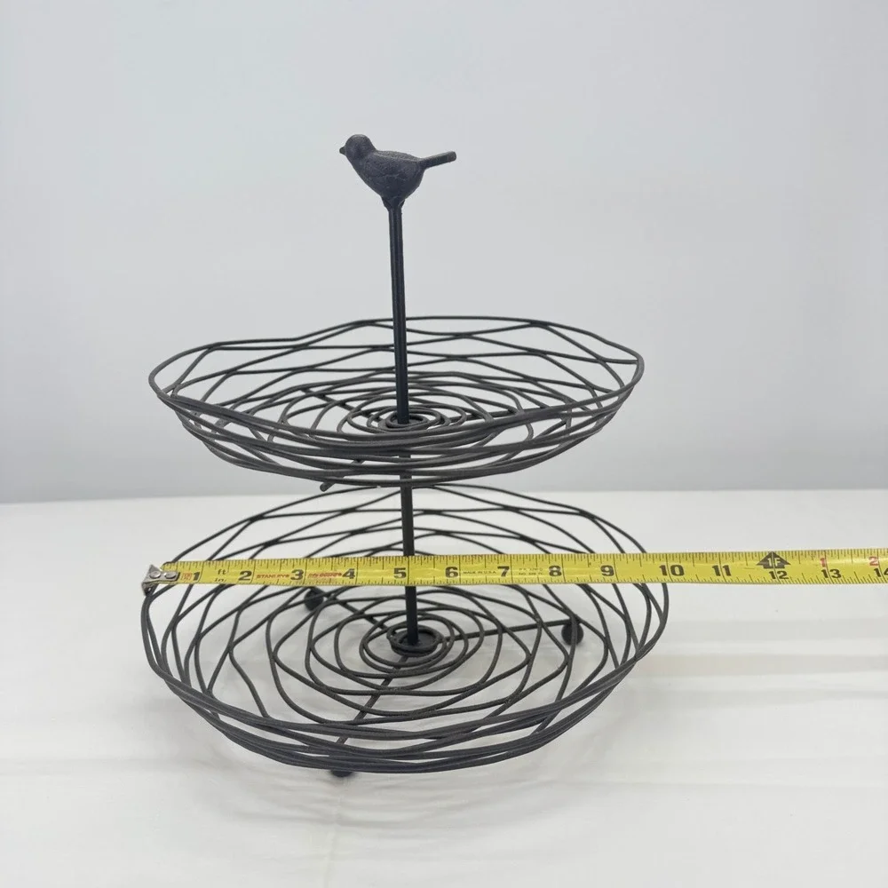 Rustic 2 Tier Wire Bird Finial‎ Fruit Basket Stand Bronze Metal Nest Server 12in